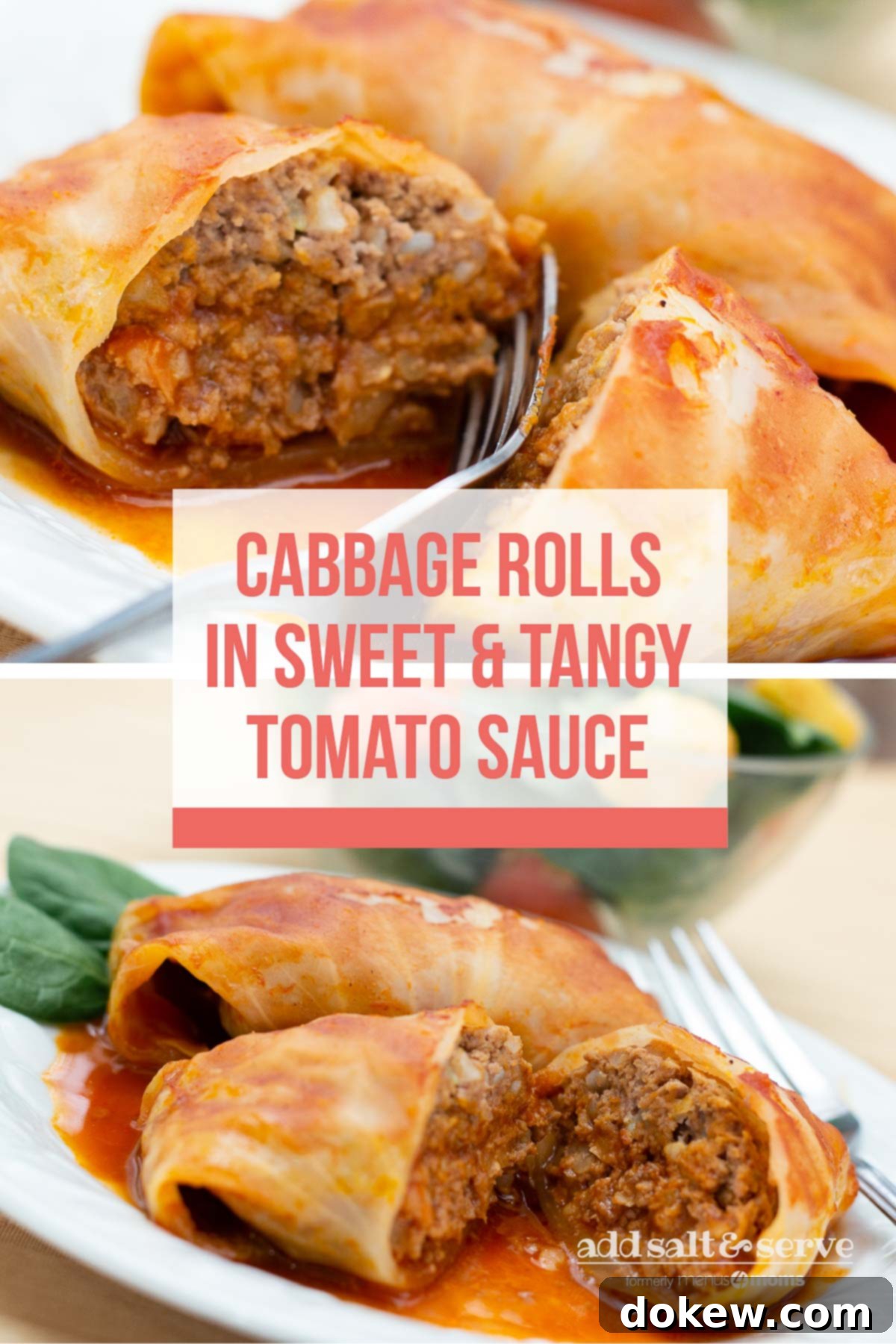 Homestyle Cabbage Rolls 4 Composite image: Top is closeup of cabbage rolls in a tomato sauce on a white plate with a fork. Bottom is cabbage rolls in a tomato sauce on a white plate with a fork. Text is Cabbage Rolls in Sweet & Tangy Tomato Sauce - Add Salt & Serve logo