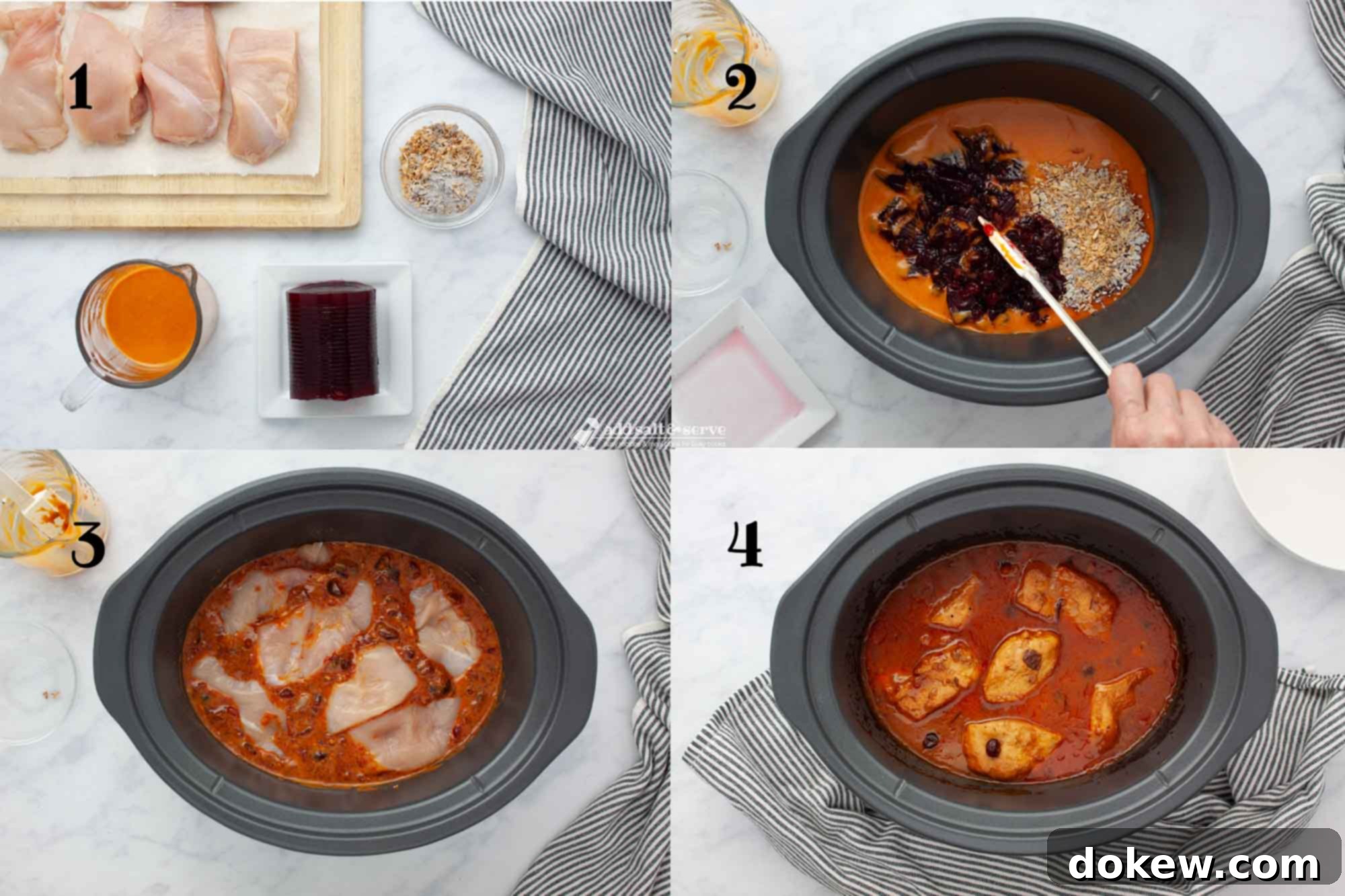 Slow Cooker Cranberry French Glazed Chicken 4 A composite image detailing the preparation process of Cranberry French Dressing Chicken. Panel 1 shows raw chicken breasts, French dressing, whole berry cranberry sauce, and onion soup mix. Panel 2 depicts the sauce ingredients being mixed directly in a slow cooker. Panel 3 shows chicken pieces nestled into the mixed sauce. Panel 4 displays the finished, cooked chicken in the crockpot, bathed in a rich sauce.
