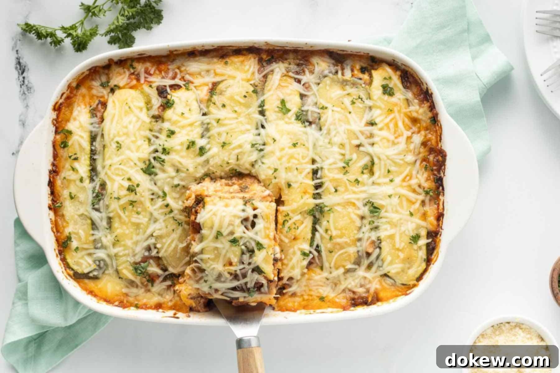 Easy Make-Ahead Zucchini Lasagna 2 White casserole dish containing Freezer Zucchini Lasagna. Serving spatula is lifting a piece of lasagna out of the pan.