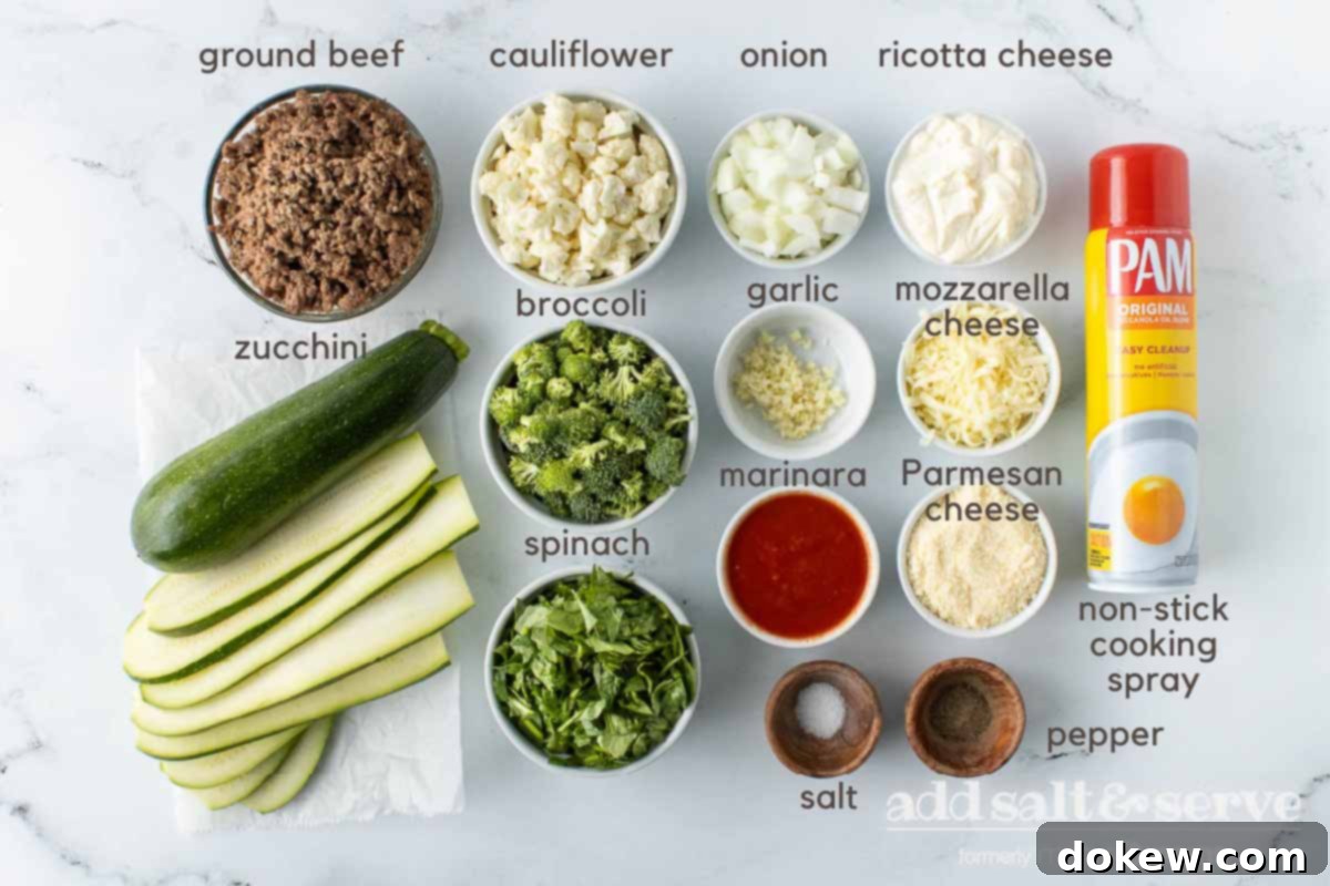 Easy Make-Ahead Zucchini Lasagna 3 Ramekins containing lasagna ingredients beside zucchini slices and a can of Pam cooking spray.