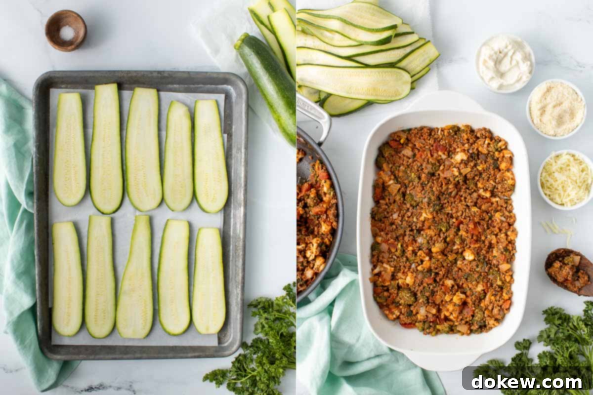 Easy Make-Ahead Zucchini Lasagna 6 One side is a baking sheet with slices of zucchini on parchment paper. The other side is a casserole dish with a beef mixture and the other ingredients for lasagna in nearby bowls.