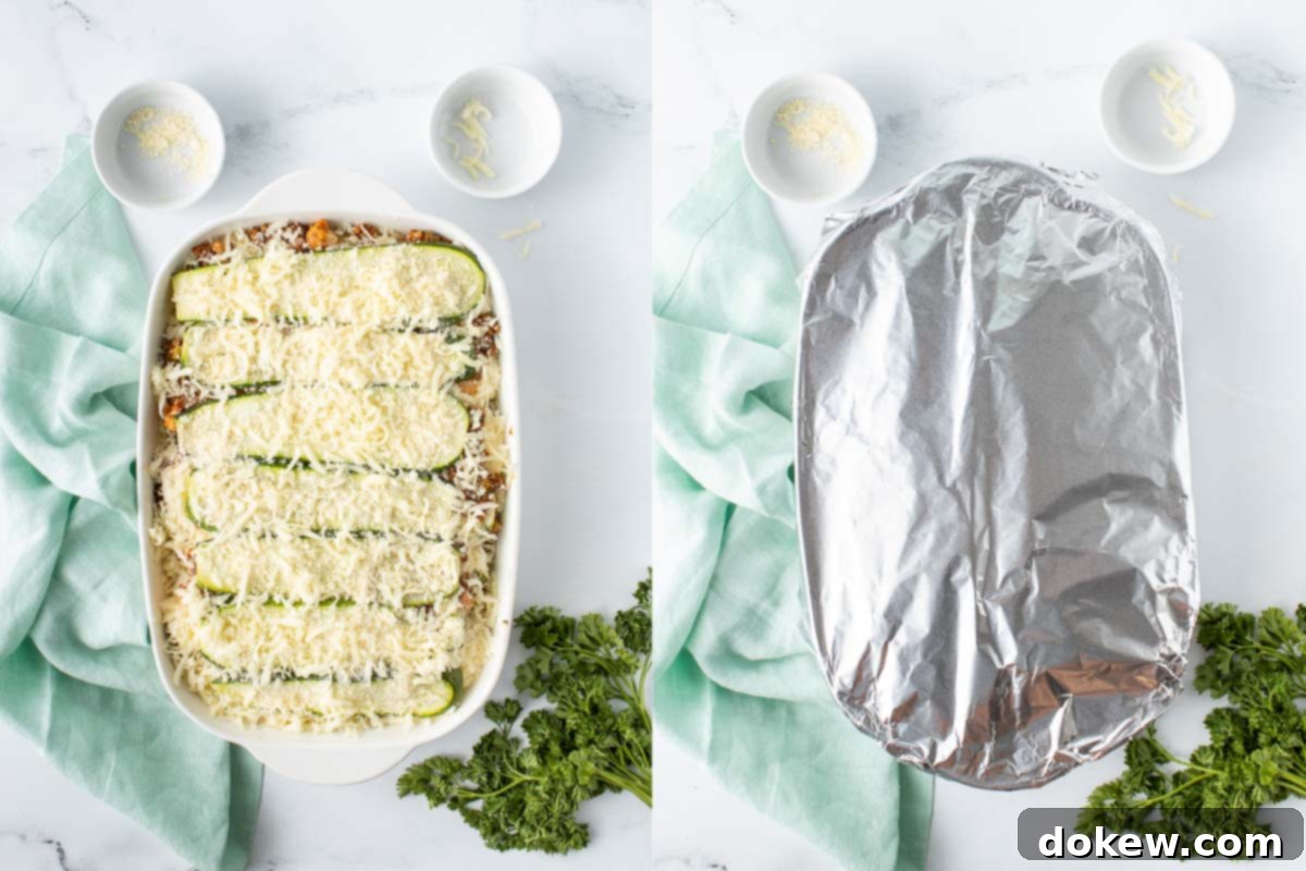 Easy Make-Ahead Zucchini Lasagna 8 One side shows assembled lasagna uncovered in a white casserole dish. The other side shows the dish covered in aluminum foil.