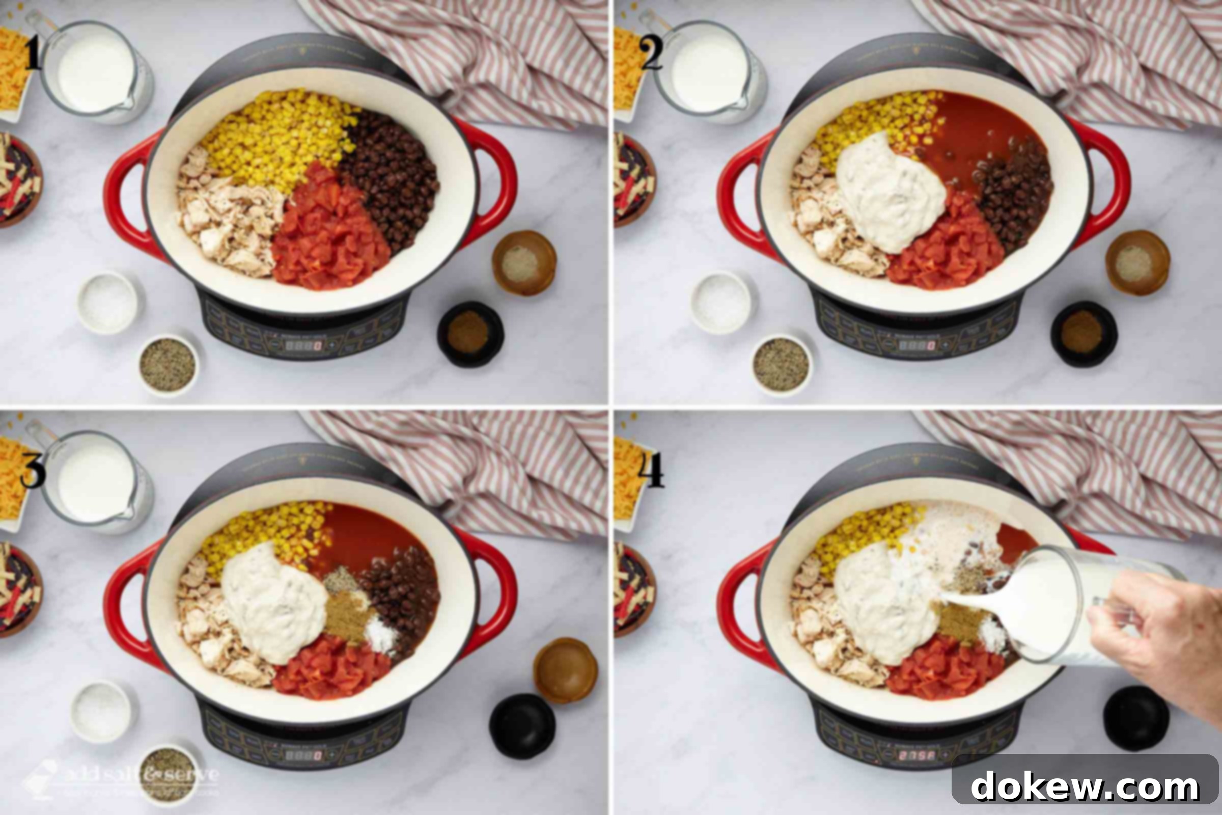 Velvety 15-Minute Chicken Enchilada Soup 4 A composite image showing the stages of making Creamy Chicken Enchilada Soup. Image 1: A Dutch oven on an induction plate filled with chopped rotisserie chicken, diced tomatoes, corn, and black beans. Image 2: The same pot after adding cream of mushroom soup and red enchilada sauce. Image 3: The pot with added spices (salt, pepper, cumin, garlic salt). Image 4: Milk being poured into the mixture in the pot, ready to be stirred and simmered.