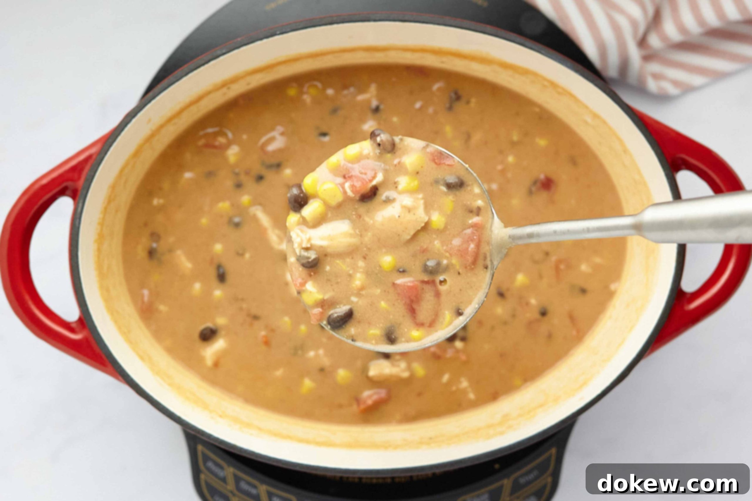 Velvety 15-Minute Chicken Enchilada Soup 5 A ladle filled with creamy chicken enchilada soup, showing visible pieces of chicken, diced tomatoes, black beans, and corn, held above a large Dutch oven overflowing with the same delicious soup.