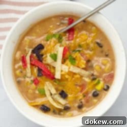 Velvety 15-Minute Chicken Enchilada Soup 7 A bowl of creamy chicken enchilada soup garnished with shredded cheddar cheese, fresh cilantro, and crispy tortilla strips, ready to be enjoyed.