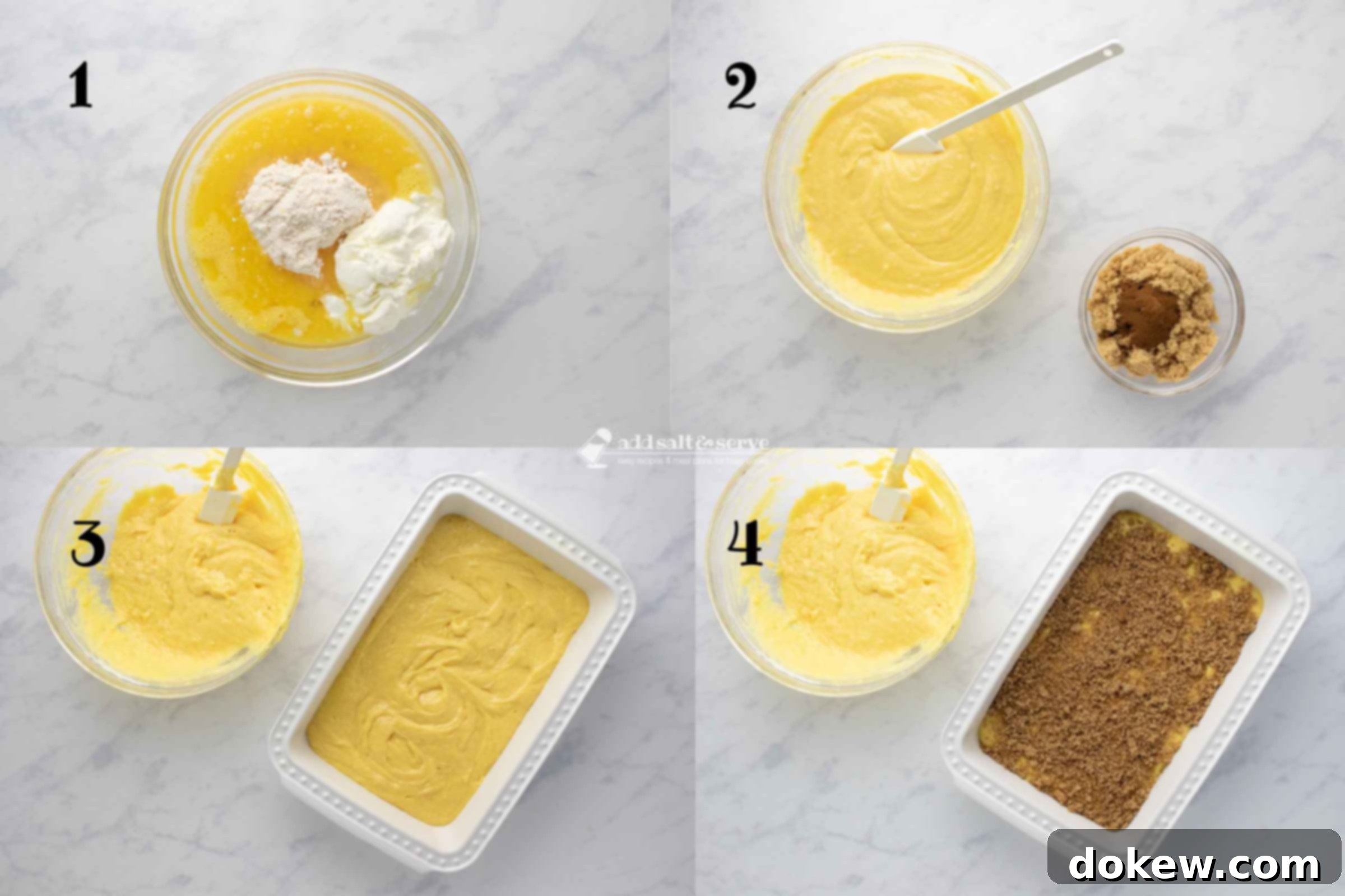 Cinnamon Honey Swirl Cake 4 A composite image showing the initial steps to make Honey Bun Cake. First, cake mix, oil, eggs, and sour cream are in a bowl. Second, they are mixed well, and cinnamon and brown sugar are combined separately. Third, half of the cake batter is spread in a baking pan. Fourth, half of the brown sugar mixture is sprinkled over the batter.
