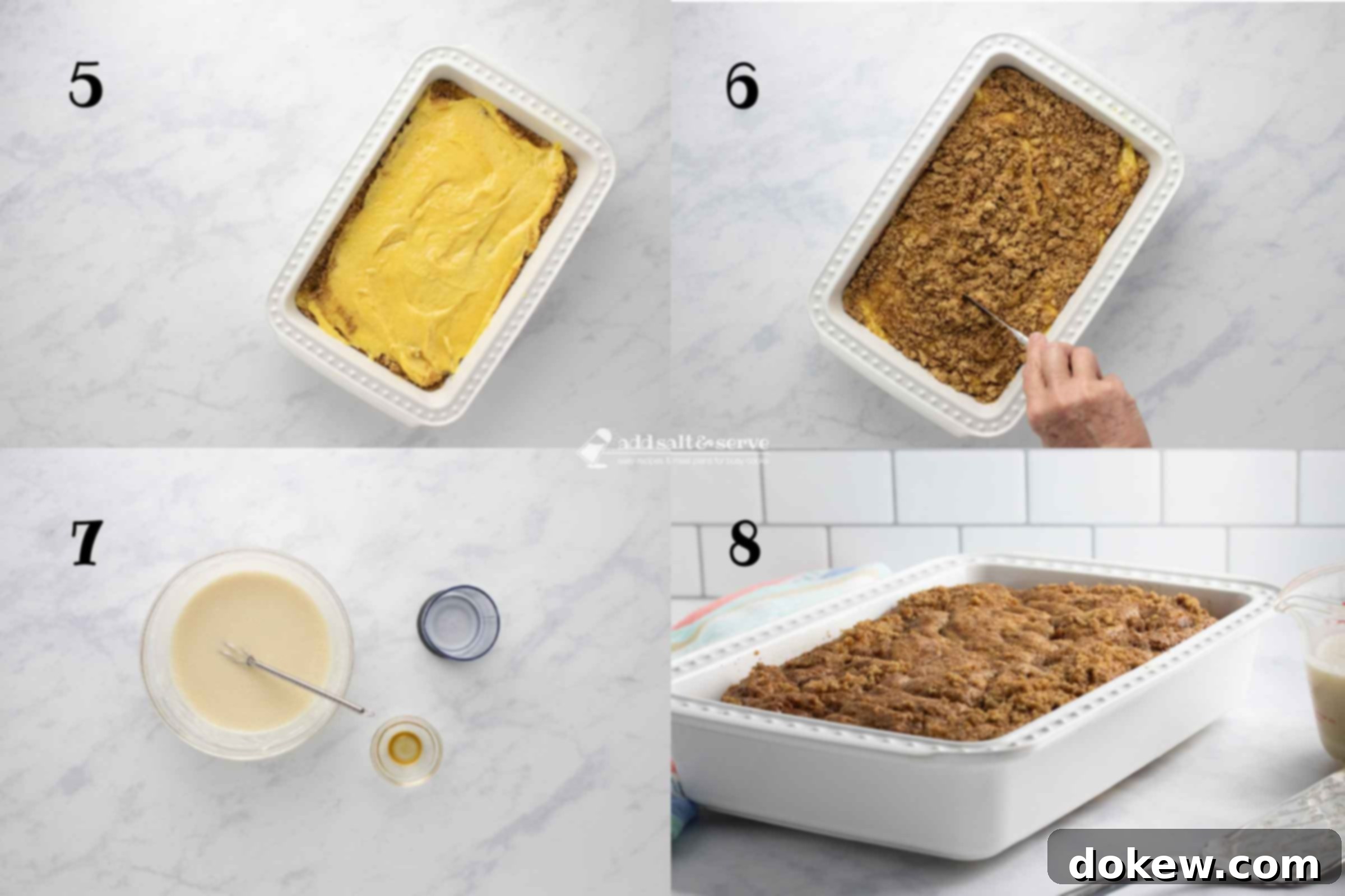 Cinnamon Honey Swirl Cake 5 A composite image showing the remaining steps to make Honey Bun Cake. Fifth, the remaining cake batter is spread over the brown sugar mixture. Sixth, the rest of the cinnamon and brown sugar is sprinkled on top, and a knife is used to create swirls. Seventh, the glaze is made by mixing powdered sugar, milk, and vanilla. Eighth, the cake is baked until golden.