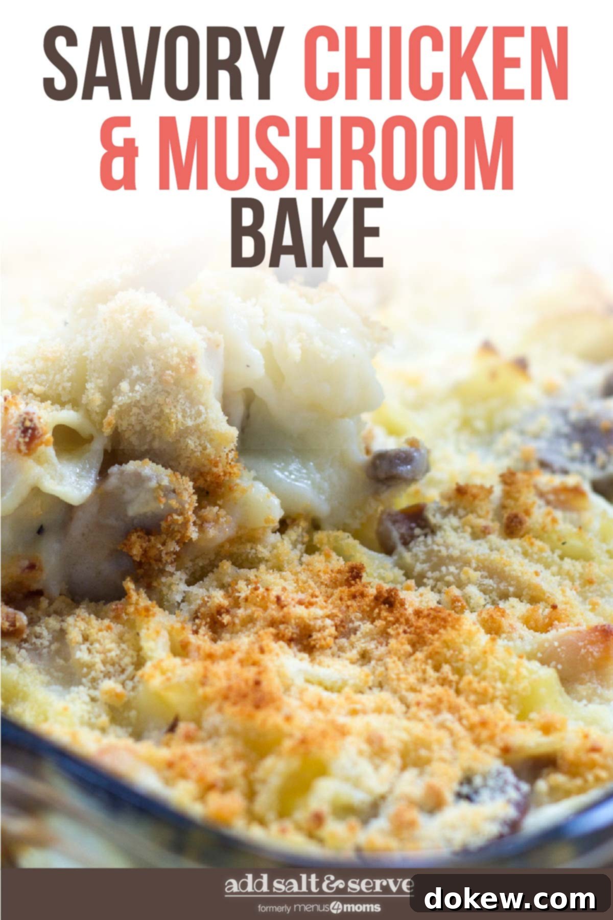 Forest Chicken and Mushroom Bake 4 A dish of Savory Chicken and Mushroom Bake, ready to be served, showcasing its creamy texture and cheesy topping. Ideal for weeknight family dinners.