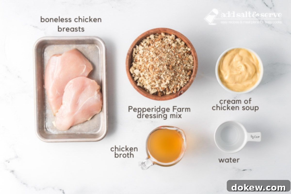 Effortless Slow Cooker Chicken and Stuffing 3 Key ingredients for Crockpot Chicken and Stuffing laid out: boneless skinless chicken breasts, Pepperidge Farm dressing mix, chicken broth, cream of chicken soup, and water.