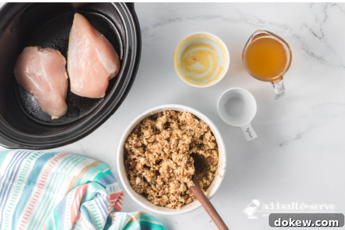 Effortless Slow Cooker Chicken and Stuffing 5 A bowl shows Pepperidge Farm dressing mix combined with cream of chicken soup and water, ready to be layered over chicken in the crockpot.