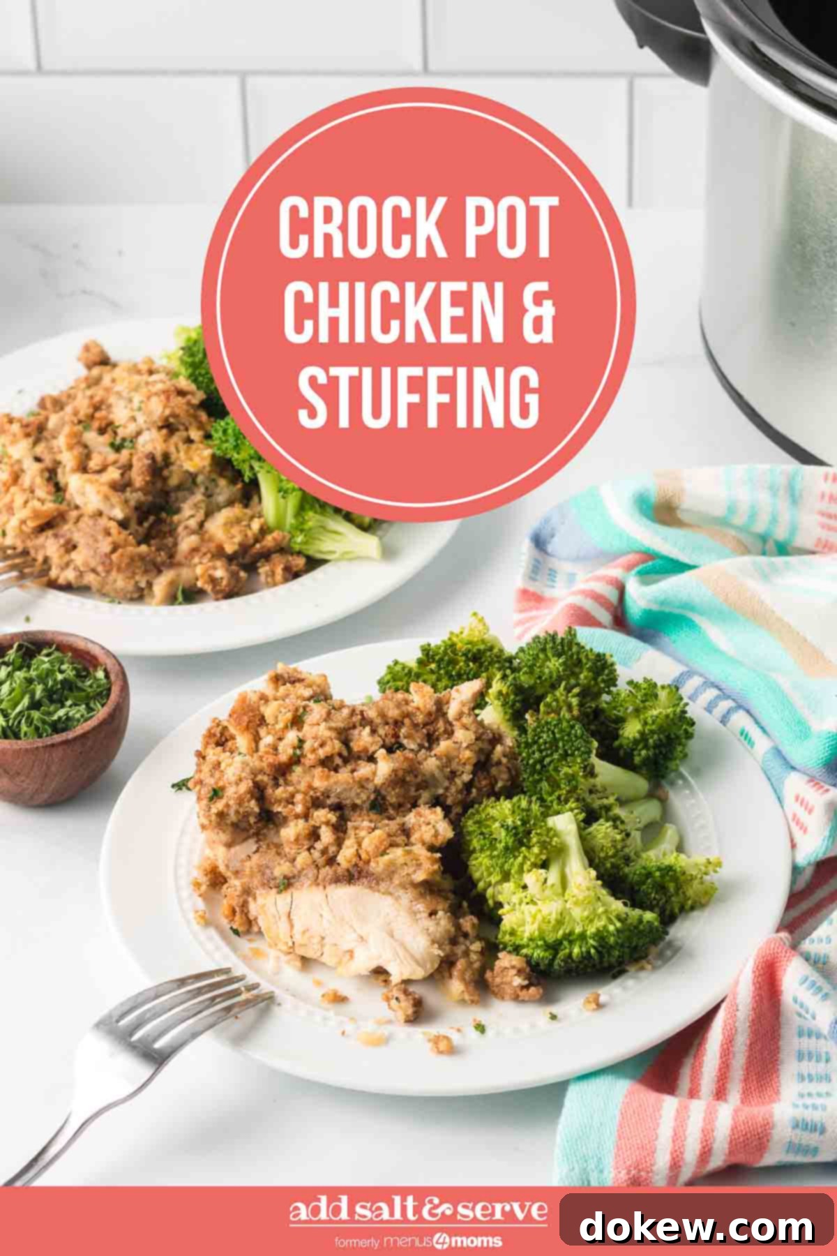 Effortless Slow Cooker Chicken and Stuffing 9 A stunning photograph of Crockpot Chicken and Stuffing on plates, with fresh broccoli, perfect for sharing on Pinterest.