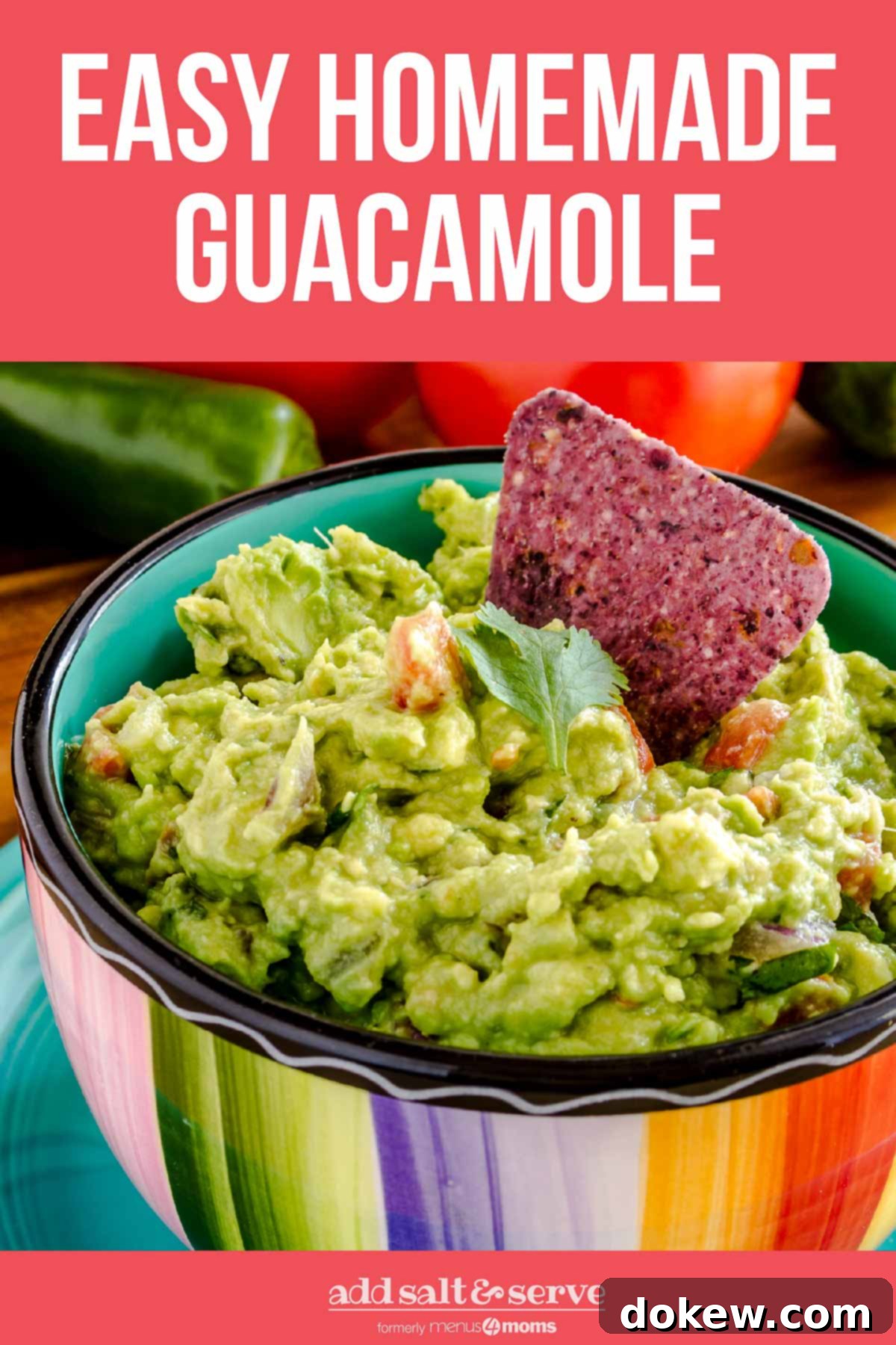 Foolproof Homemade Guacamole Guide 8 Homemade guacamole in a rainbow-striped bowl, with half an avocado in the background.