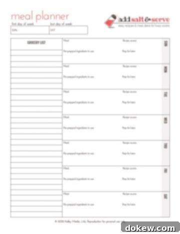 Free Printable Weekly Organizer/Planner from Add Salt & Serve Screenshot of Prep-Ahead meal planner form, showing organized meal slots for breakfast, lunch, dinner, and snacks.