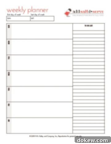 Free Printable Weekly Organizer/Planner from Add Salt & Serve screenshot of weekly planner page with clearly delineated sections for daily tasks and a comprehensive to do list.