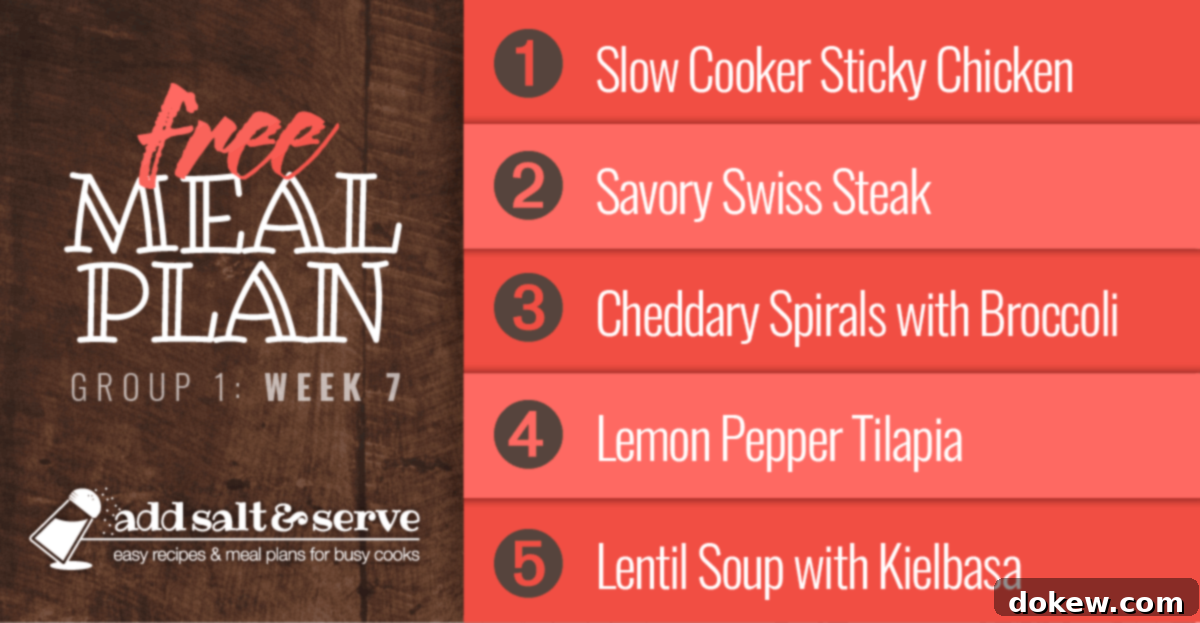 Group One's Week Seven Menu 2 Meal Plan for Week 7 (Group 1): Slow Cooker Sticky Chicken, Savory Swiss Steak, Cheddary Spirals & Broccoli, Lemon Pepper Tilapia, Lentil Soup with Kielbasa