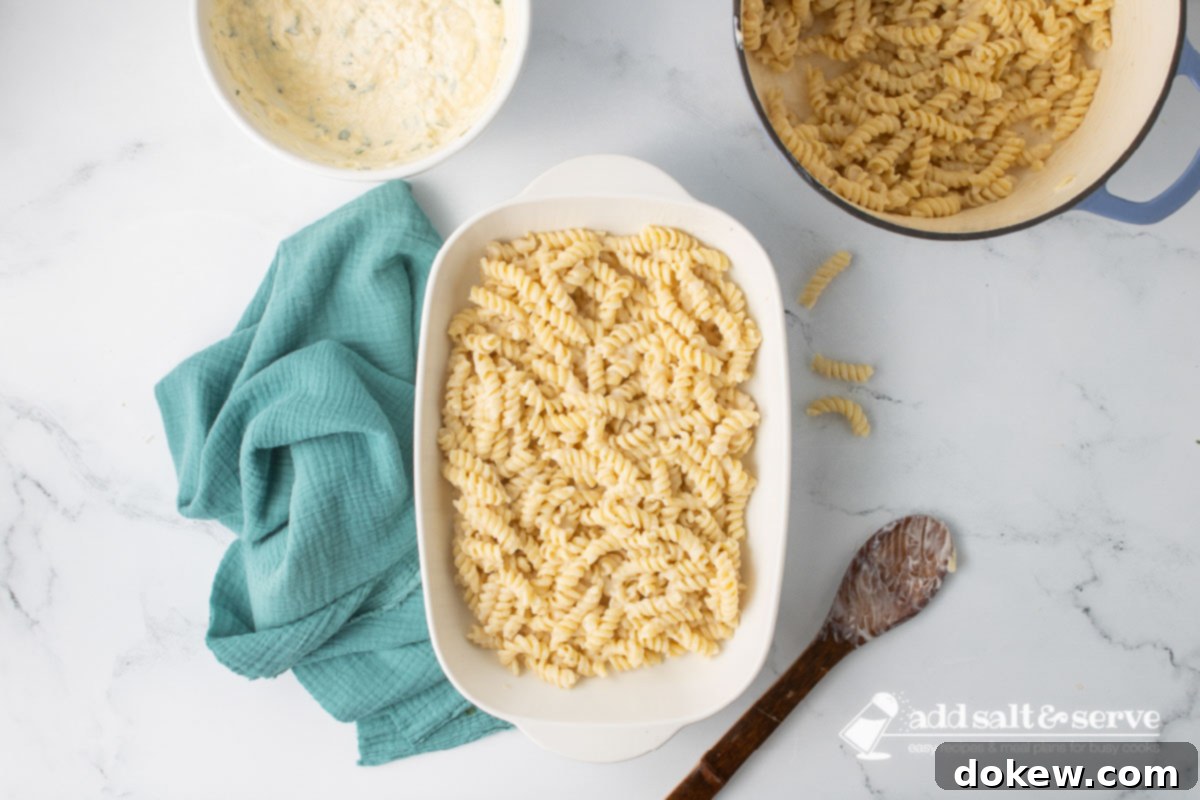 Golden Baked Alfredo Rotini 7 A white baking dish with a layer of rotini and Alfredo sauce mixture spread evenly across the bottom.