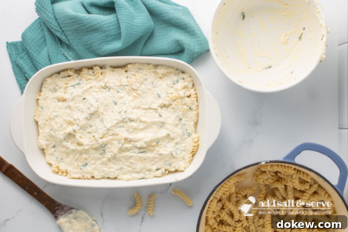 Golden Baked Alfredo Rotini 8 A white baking dish with a layer of rotini and Alfredo sauce mixture spread evenly across the bottom topped with ricotta cheese and egg mixture.