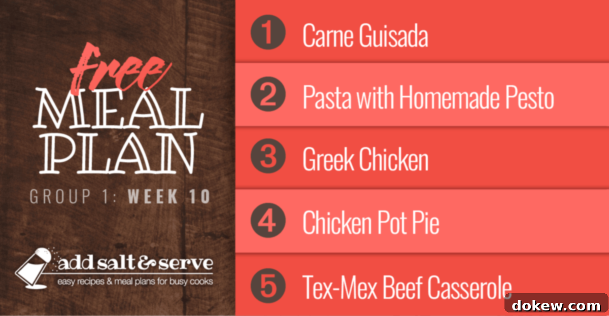 Group 1's Week 10 Culinary Itinerary 2 Meal Plan for Week 10 (Group 1): Carne Guisada, Pasta with Homemade Pesto, Crockpot Greek Chicken, Chicken Pot Pie, Tex-Mex Beef Casserole