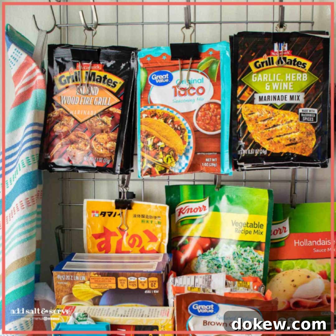 Pantry Power-Up: Genius Storage Solutions 2 sauce packets hanging up in a pantry on S-hooks and clips for easy access and organization