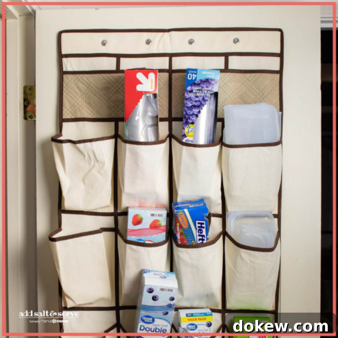Pantry Power-Up: Genius Storage Solutions 3 repurposed shoe organizer with various food baggies and reusable silicone bags in the pockets on a pantry door