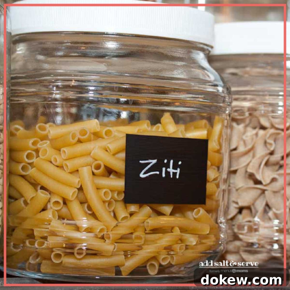 Pantry Power-Up: Genius Storage Solutions 4 Glass jar filled with ziti pasta, featuring a black chalkboard paint label with 'Ziti' written clearly in chalk, for organized food storage