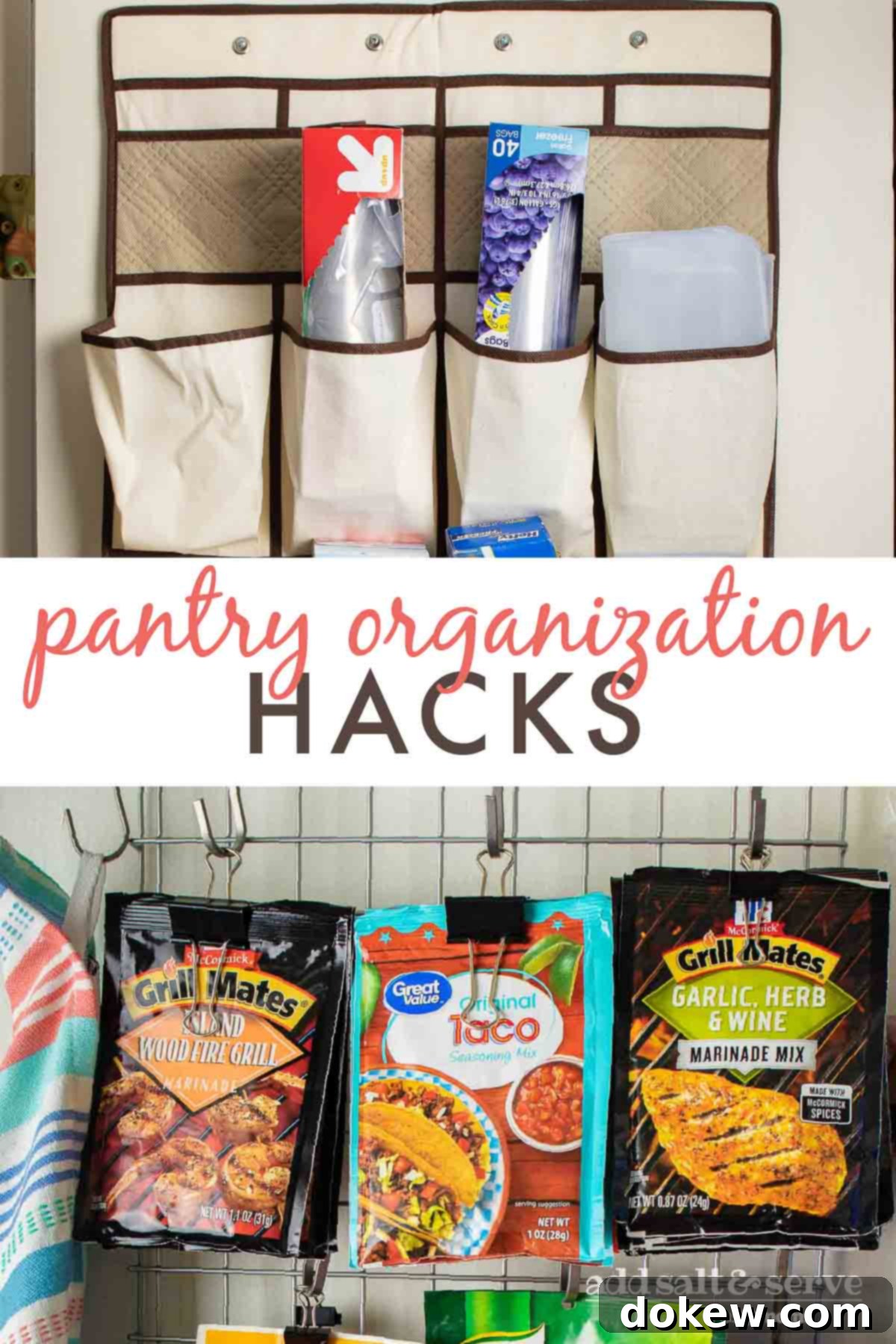 Pantry Power-Up: Genius Storage Solutions 5 A collage of pantry organization hacks featuring sauce packets hanging on clips and S-hooks, and food baggies stored in an over-the-door shoe organizer. The image promotes smart, space-saving solutions for a well-organized pantry.