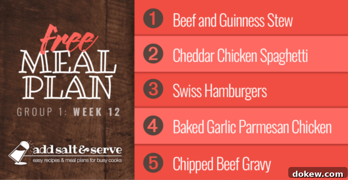 Group 1's Week 12 Nutrition Strategy 2 Free Meal Plan for Week 12 (Group 1): Beef and Guinness Stew over Mashed Potatoes, Cheddar Chicken Spaghetti, Swiss Hamburgers, Baked Garlic Parmesan Chicken, Chipped Beef Gravy and Buttermilk Biscuits