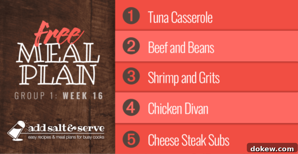 Group 1 Meal Plan Week 16 2 Free Meal Plan for Week 16: Tuna Casserole, Beef and Beans, Shrimp with Red Peppers and Grits, Chicken Divan, Cheese Steak Subs