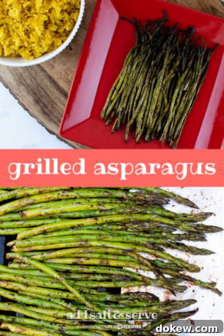 grilled-asparagus-pin-2-min composite image with top image showing grilled asparagus on a red serving plate placed on a wood serving tray with a bowl of yellow rice and a tea towel to the side and bottom image showing asparagus in balsamic vinegar in a marinating container and text grilled asparagus