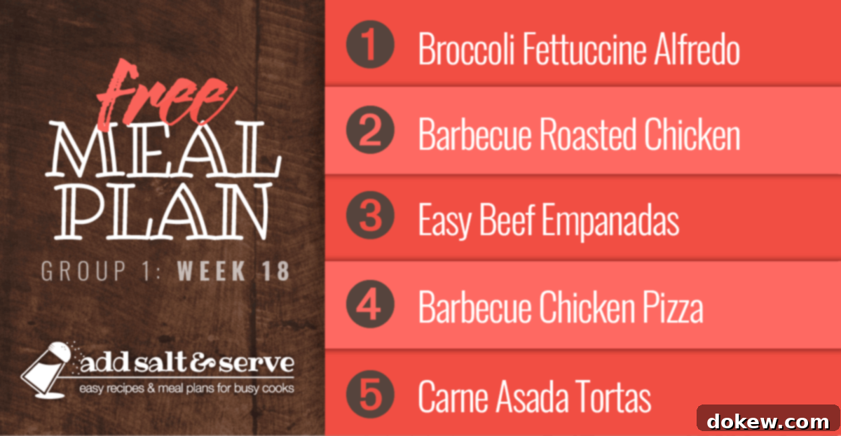 Group 1 Meal Plan Week 18 2 Meal Plan for Week 18 (Group 1) - Broccoli Fettuccine Alfredo, Barbecue Roasted Chicken, Easy Beef Empanadas, Barbecue Chicken Pizza, Carne Asada Tortas