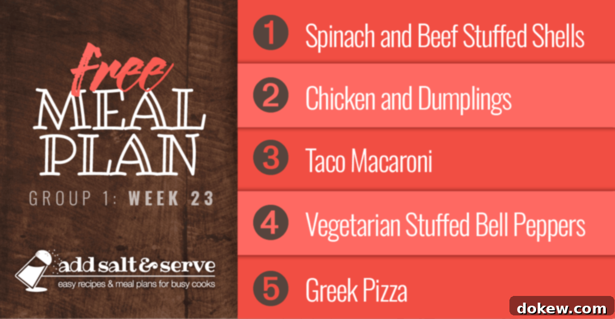 A visual overview of the Week 23 meal plan featuring Spinach and Ground Beef Stuffed Shells, Crockpot Chicken and Dumplings, Taco Macaroni, Crockpot Vegetarian Stuffed Bell Peppers, and Greek Pizza, offering diverse and family-friendly dinner ideas with a focus on freezer prep.