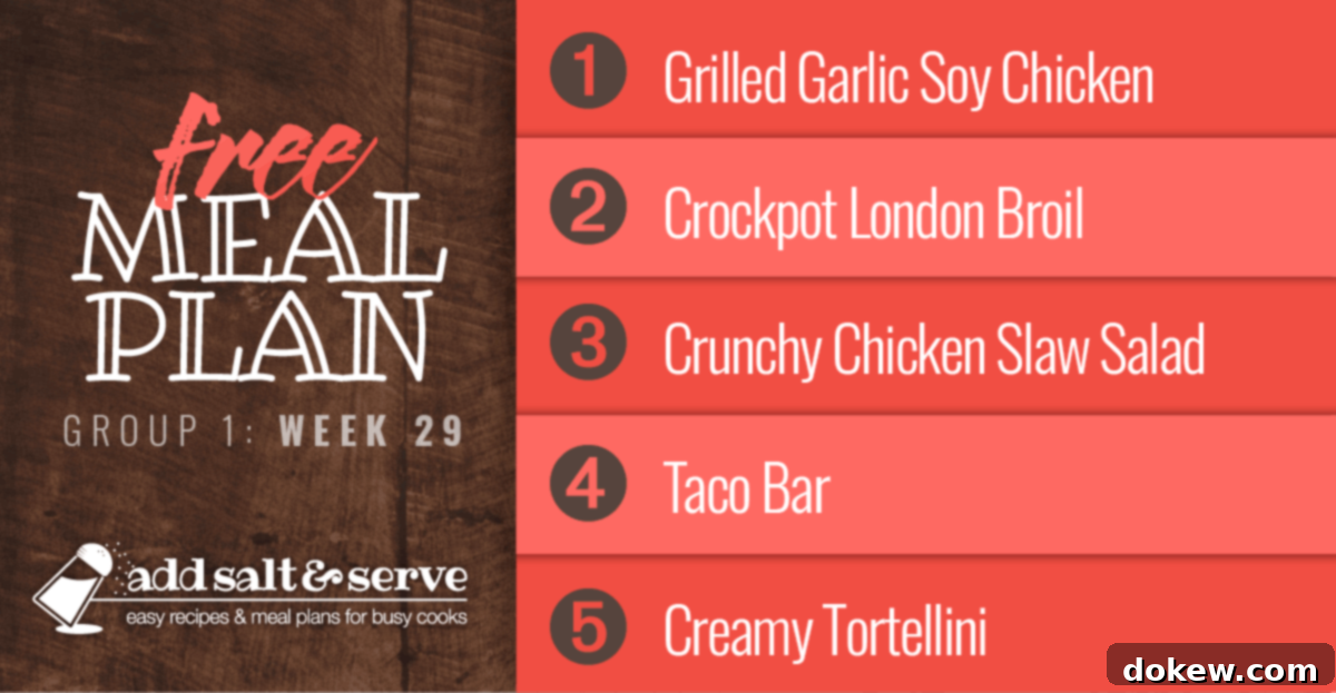 Week 29 Meal Overview Group 1 2 A vibrant weekly meal plan for week 29, featuring dishes like grilled chicken with garlic soy marinade, slow-cooked London broil, a refreshing chicken slaw salad, a customizable taco bar, and creamy tortellini, all designed for easy preparation.