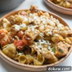 Sun-Kissed Mediterranean Chicken and Pasta 3 Bowl of shell pasta with tomatoes, feta cheese, and balsamic vinegar with text Mediterranean Chicken with Pasta