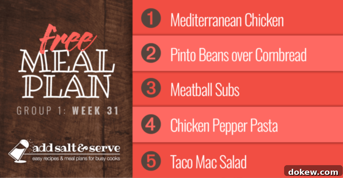 Group 1's Week 31 Culinary Compass 2 Free Meal Plan Week 31 (Group 1): Mediterranean Chicken, Pinto Beans over Cornbread, Meatball Subs, Chicken Pepper Pasta, Taco Mac Salad