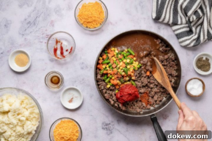 Effortless Make-Ahead Shepherd's Pie 6 ingredients for preparing shepherd's pie in a skillet