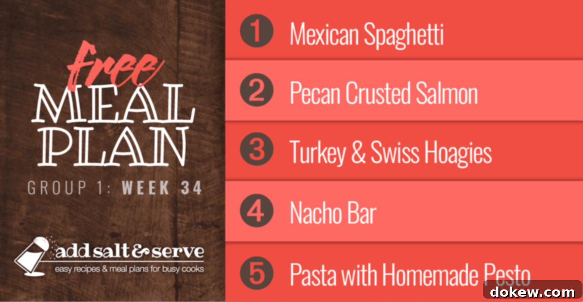 Group 1's Week 34 Culinary Guide 2 A vibrant weekly meal plan spread featuring Mexican Spaghetti, Pecan Crusted Salmon, Turkey & Swiss Hoagies, a loaded Nacho Bar, and Pasta with Homemade Pesto, perfect for Week 34.