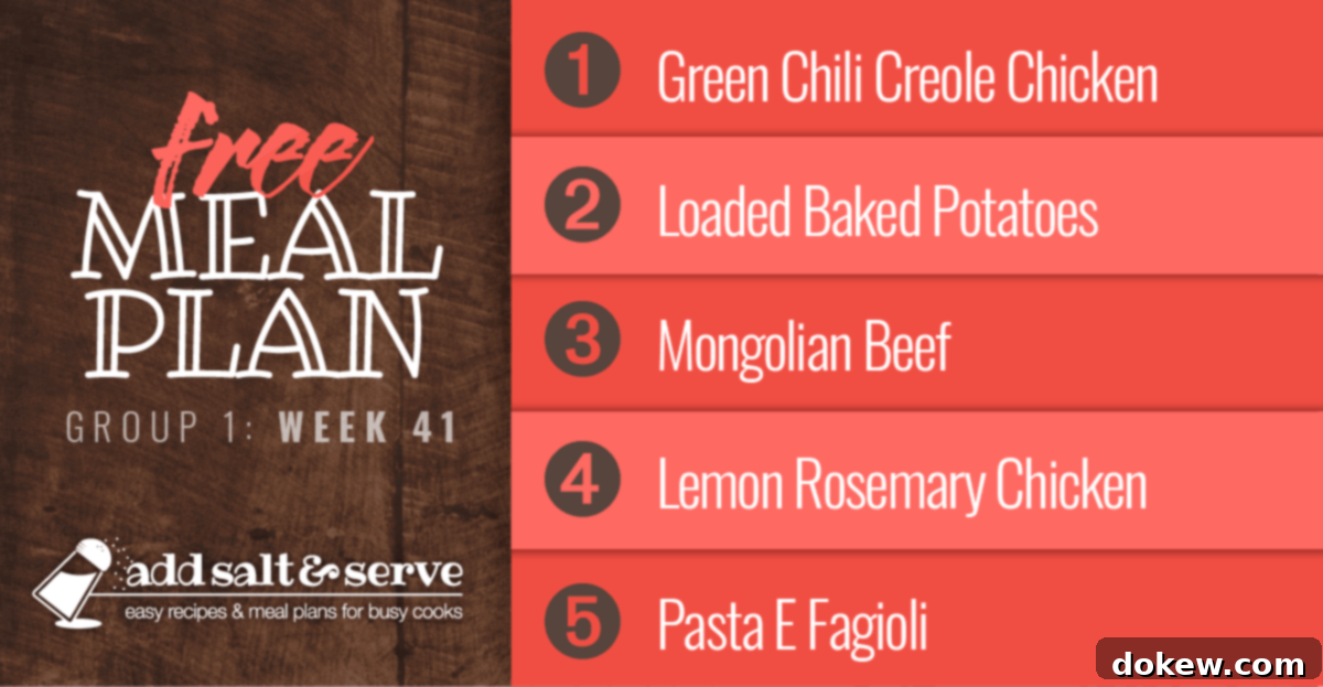 Group 1's Week 41 Meal Program 2 A visual overview of the Week 41 meal plan featuring Creole Chicken over Rice, Loaded Baked Potatoes, Mongolian Beef over Rice, Lemon Rosemary Chicken, and Pasta E Fagioli, highlighting a diverse and delicious menu.