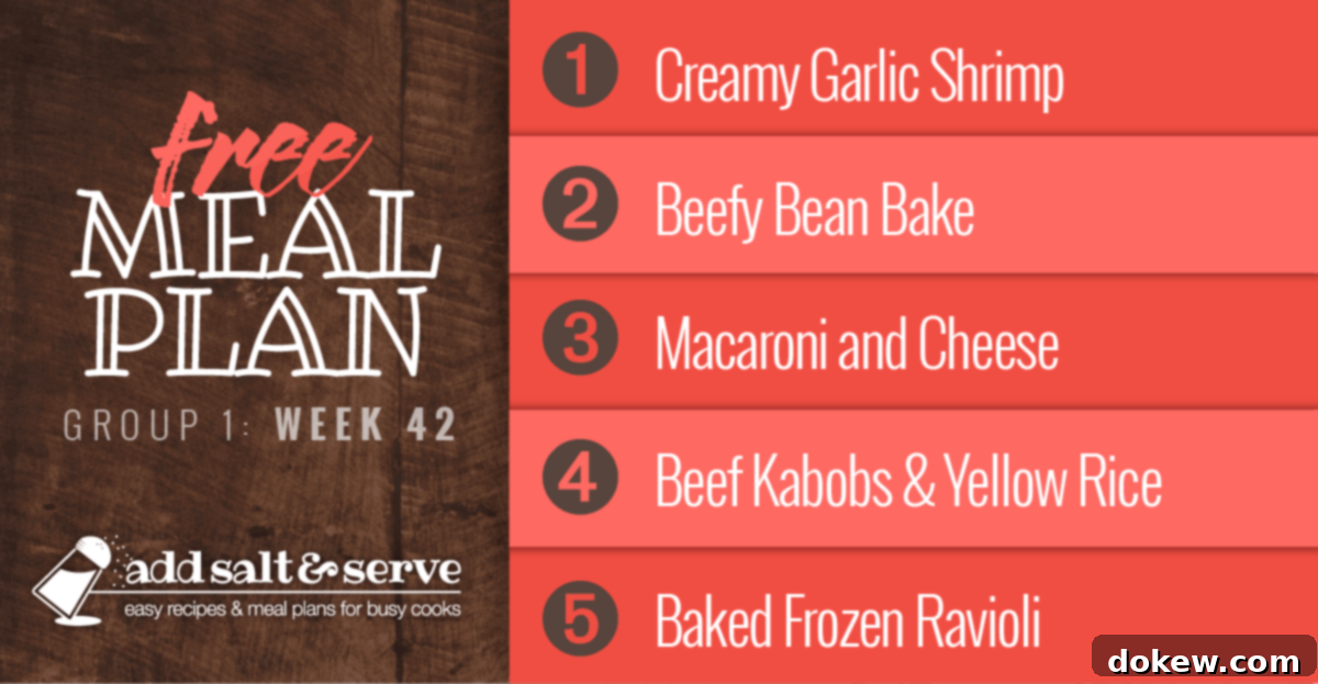 Group 1 Meal Plan for Week 42 2 Weekly Meal Plan for Week 42 featuring Creamy Garlic Shrimp Pasta, Beefy Bean Bake, Macaroni and Cheese, Beef Kabobs, and Baked Ravioli - Perfect for Group Meals