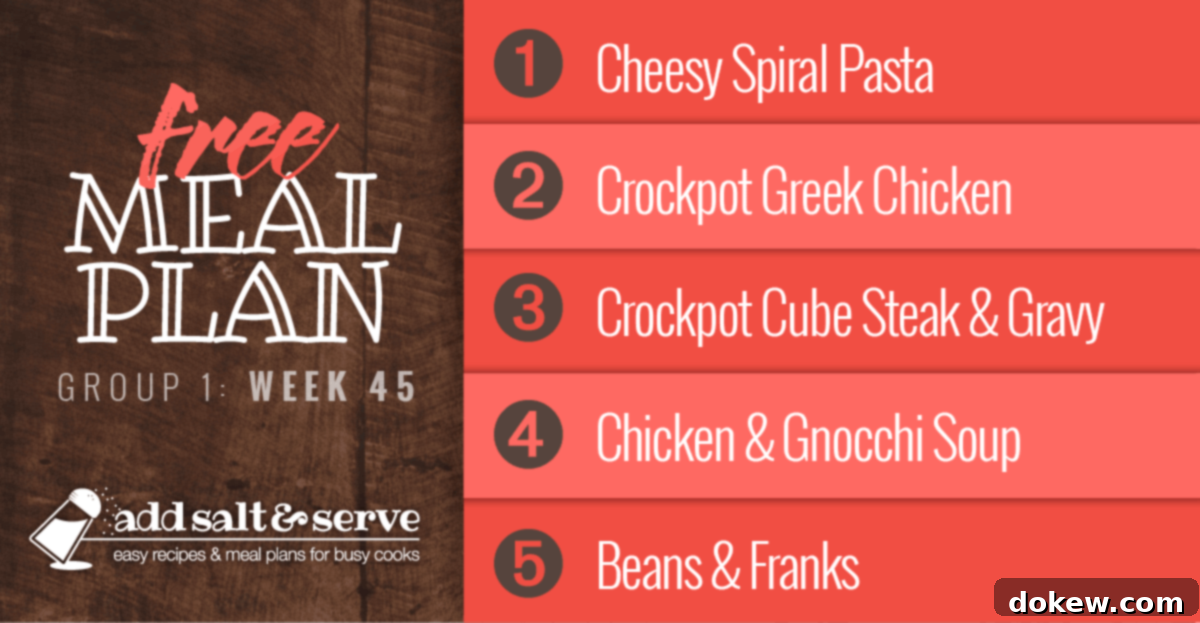 Week 45 Culinary Journey for Group 1 2 A collage of five delicious meals: Cheesy Spiral Pasta, Crockpot Greek Chicken, Crockpot Cube Steak and Gravy, Chicken and Gnocchi Soup, and Beans and Franks, illustrating the week 45 family meal plan.