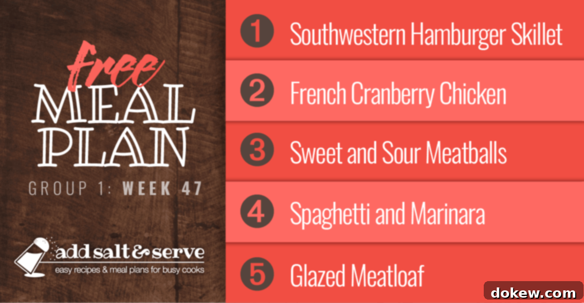 Group 1's Culinary Guide: Week 47 2 Meal Plan for Week 47 (Group 1): Southwestern Hamburger Skillet, French Cranberry Chicken, Sweet and Sour Meatballs, Crockpot Marinara over Pasta, Glazed Meatloaf