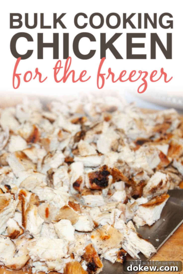 Bulk cooking chicken for the freezer can save hours of prep time A beautifully composed image of chopped grilled chicken on a cutting board next to a knife, featuring the text 'Bulk Cooking Chicken for the Freezer' and the 'Add Salt & Serve' logo, emphasizing practical meal solutions.