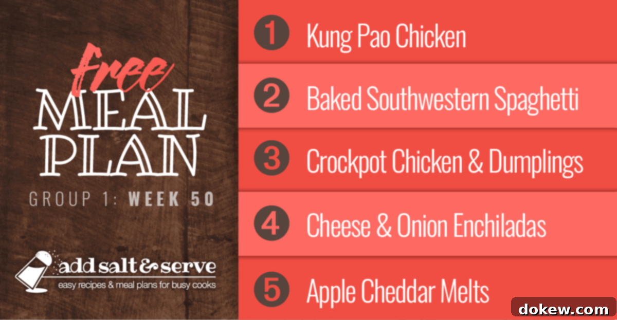 Week 50 Meal Schedule - Group 1 2 A vibrant collage showcasing the Week 50 meal plan: Kung Pao Chicken, Baked Southwestern Spaghetti, Easy Crockpot Chicken and Dumplings, Cheese and Onion Enchiladas, and Apple Cheddar Melts, designed for delicious and easy home cooking.