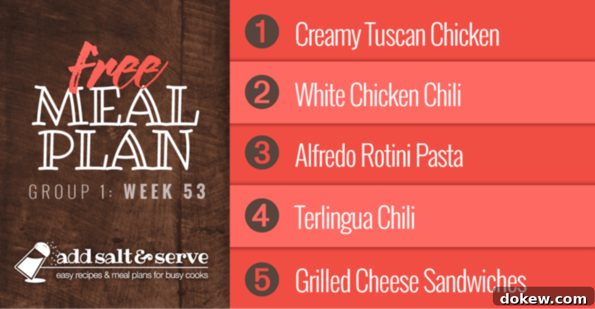 Group 1's Week 53 Food Schedule 2 A comprehensive meal plan for Week 53, featuring delicious dishes like Creamy Tuscan Chicken, Slow Cooker White Chicken Chili, Alfredo Rotini Pasta Bake, Terlingua Chili, and classic Grilled Cheese Sandwiches.