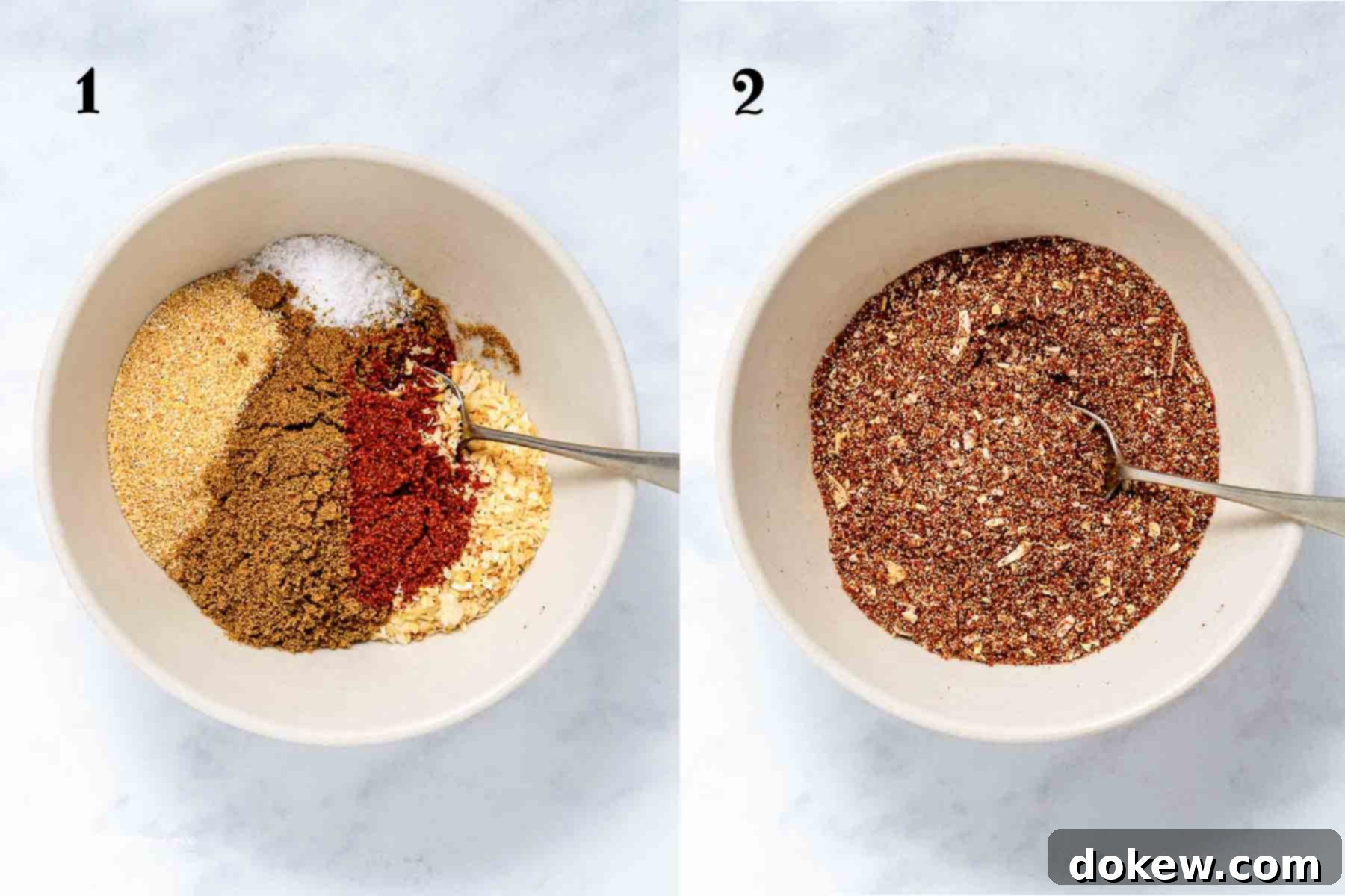 Legendary Terlingua Chili Starter 3 composite image - left shows six spices in a bowl with a spoon before mixing and right shows after mixing.