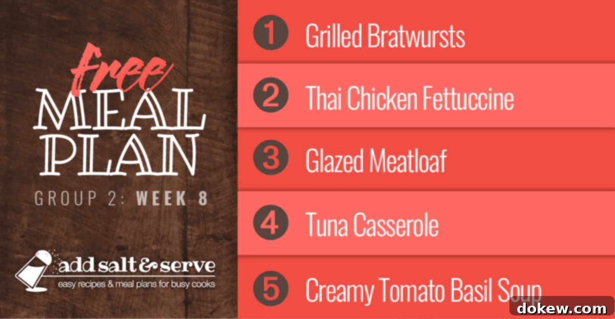 Week 8 Culinary Guide: Group 2 2 Meal Plan for Week 8 (Group 2): Grilled Bratwursts, Thai Chicken Fettuccine, Glazed Meatloaf, Tuna Casserole, Creamy Tomato Basil Soup