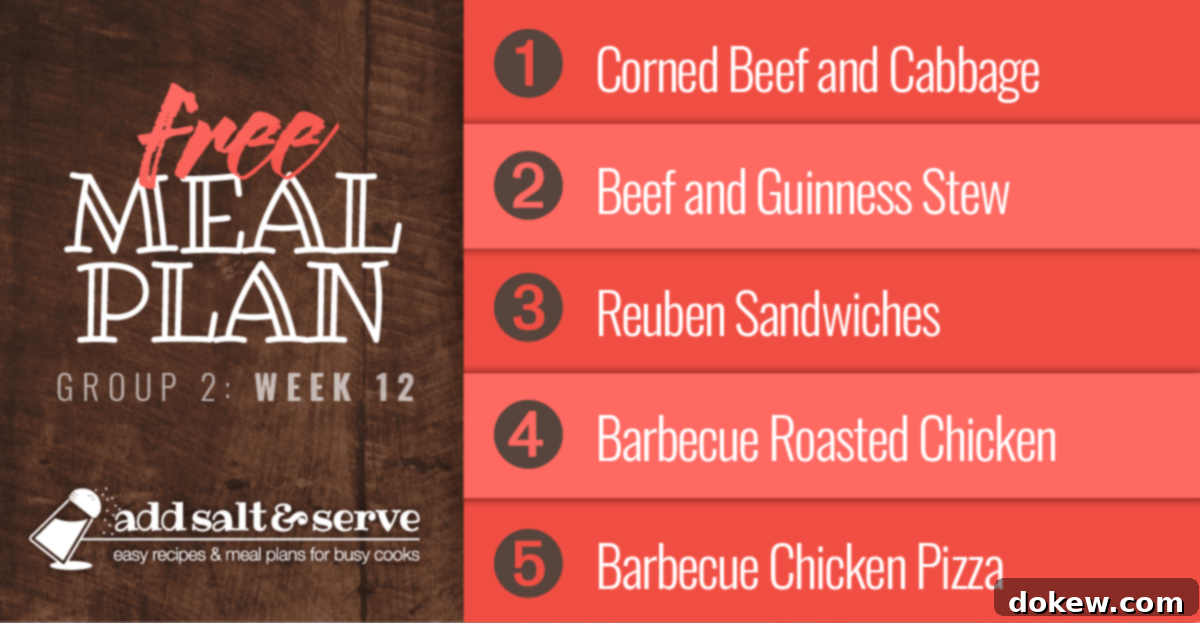 Free Meal Plan for Week 12 (Group 2): Corned Beef and Cabbage, Beef and Guinness Stew, Reuben Sandwiches, Barbecue Roasted Chicken, Barbecue Chicken Pizza