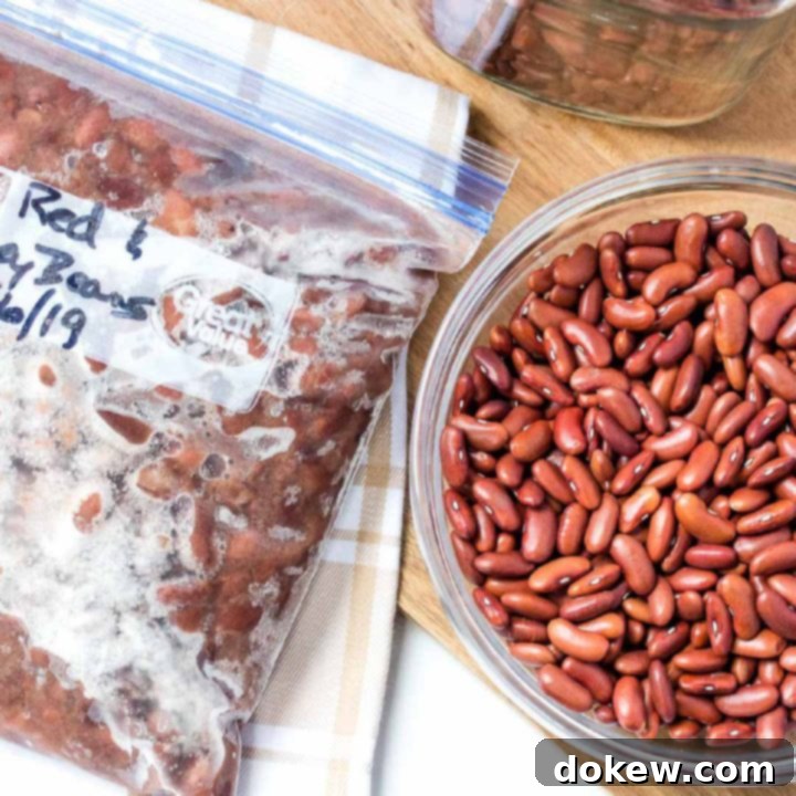 How To Cook Dried Beans for the Freezer Overhead shot of bowl of dried kidney beans with a strainer and a bowl of great northern beans on a cutting board