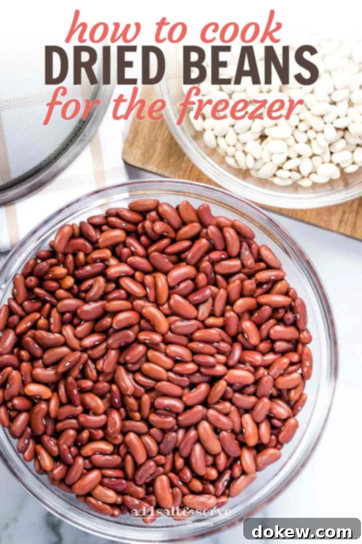 Cook and Freeze Dried Beans 3 Overhead shot of bowl of dried kidney beans with a strainer and a bowl of great northern beans on a cutting board; text How to Cook Dried Beans for the Freezer Add Salt & Serve formerly Menus4Moms