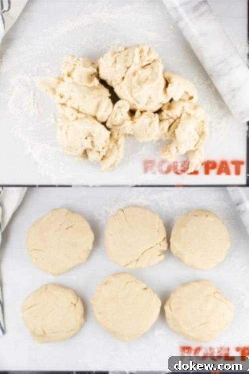 Make-Ahead Buttery Flaky Pie Crust 10 Composite image with top image showing a lump of pie crust dough on a floured rolling mat and bottom image showing the same dough separated into 6 thick circles of dough for the freezer