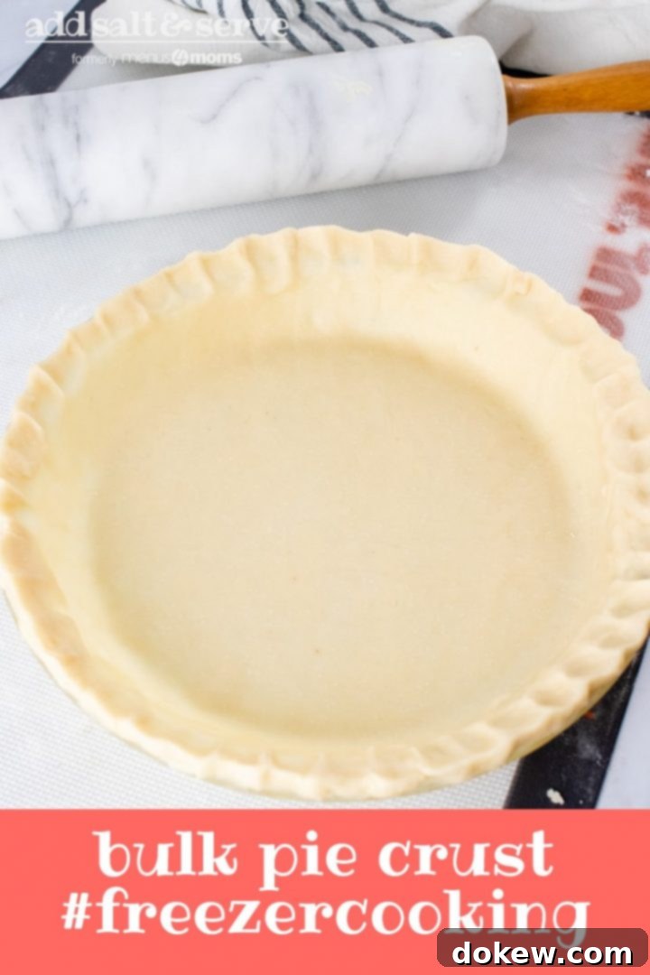 bulk-pie-crust-pin-2-min Unbaked pie crust in a pie pan with a marble rolling pin and flour sack towel in the background and text Bulk Pie Crust #freezercooking